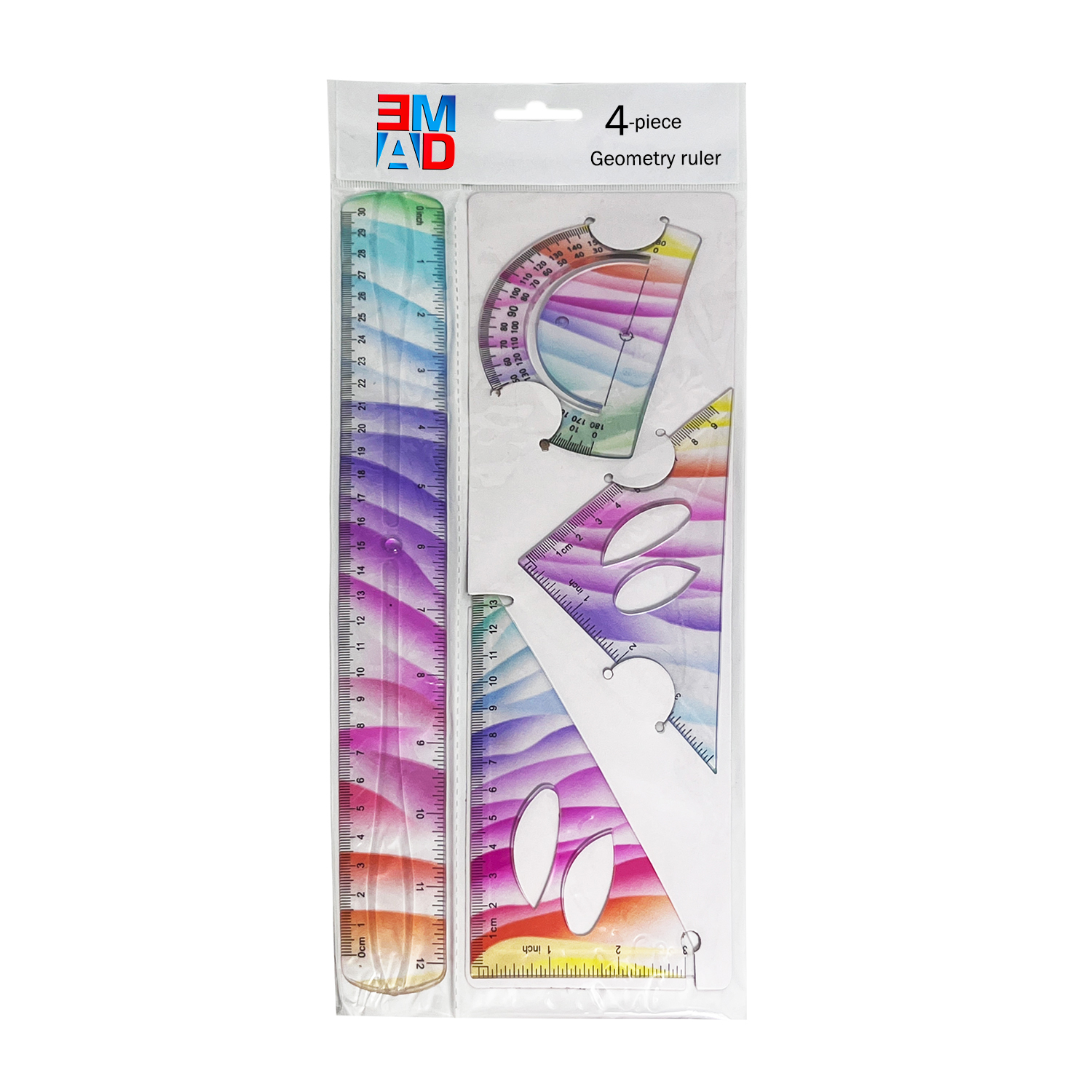 Custom design 4pcs 30cm colorful school office plastic flexible color gradient ruler for school math geometry set of rulers